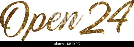 The golden glitter of isolated hand writing word OPEN 24 hours on white background Stock Vector