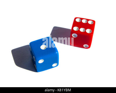 Red and blue dice showing 6 and 1  on a white background Stock Photo