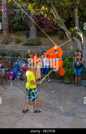 Hispanic boy, hitting a pinata, pinata filled with candy sweets and toys, birthday party, Castro Valley, Alameda County, California, United States Stock Photo