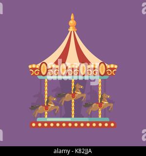 Funfair carnival flat illustration. Amusement park illustration of a red and yellow carousel with horses at night Stock Vector