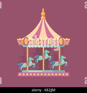 Funfair carnival flat illustration. Amusement park illustration of a pink and yellow carousel with horses at night Stock Vector