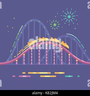 Amusement park flat illustration. Roller coaster and fireworks at night Stock Vector