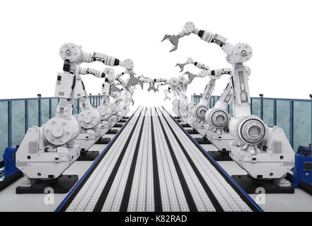 3d rendering robot arms with conveyor line Stock Photo