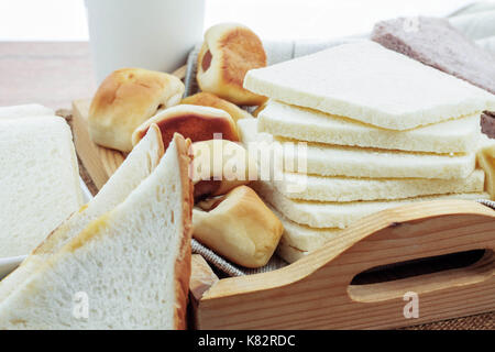 Many breads and cups of coffee on the table. Stock Photo