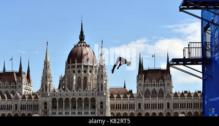 Budapest, Hungary - Jul 30, 2017. Blake Aldridge dives from the 27 metre platform during the final day of men`s High Diving at the FINA World Champion Stock Photo