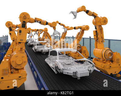 3d rendering robot assembly line in car factory Stock Photo