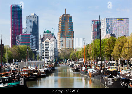 Rotterdam, The Netherlands, Oude haven, May 11, 2017, Cityscape with the old harbor with historic boats often used as houseboat and old and contempora Stock Photo