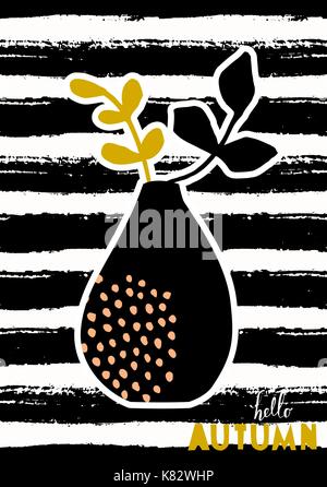Hello Autumn greeting card design with vase and branches on striped black and white background. Stock Vector