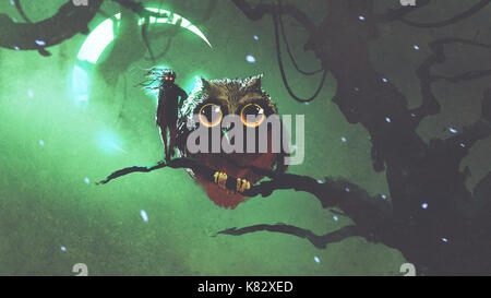 the giant owl and its owner standing on a branch in night forest with green sky, digital art style, digital illustration Stock Photo