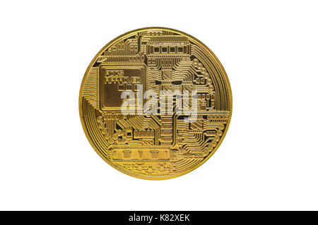 Golden bitcoin isolated. the reverse side of the coin close-up Stock Photo