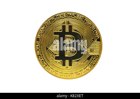 golden bitcoin isolated on white background. Metal coin symbol crypto currency close-up Stock Photo