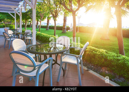 Summer restaurant on the Mediterranean coast on a beautiful sunset. Tekirova-Kemer Stock Photo