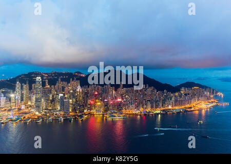 Elevated view, Harbour and Central district of Hong Kong Island and Victoria Peak, Hong Kong, China Stock Photo