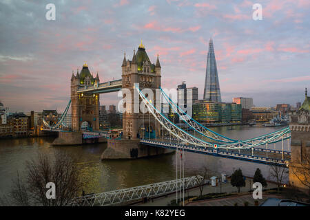 Tower Bridge and the Shard in London; UK. The Shard at 310m or over 1000 feet tall; is the tallest building in Europe Stock Photo