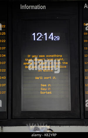 Security message at Victoria railway station. See it say it sorted. Contact British Transport Police. Information board. London Stock Photo