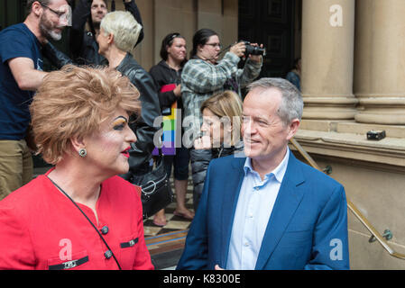 Federal Opposition Leader Mr Bill Shorten speaks to actor comedian Pauline Pantsdown at a marriage equality rally in Sydney in September 2017 Stock Photo