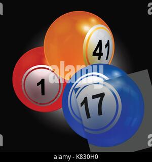 3D Illustration of Trio of Bingo Lottery Balls with a Puzzle Panel Over Black Background Stock Vector