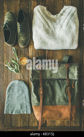 Flat-lay of Fall lady' s clothes trendy outfit and coffee Stock Photo