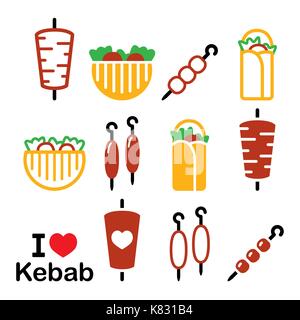 Doner kebab vector icons, kebab in wrap or pita bread, shish and adana kebab skewers design set Stock Vector