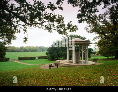 View E of Magna Carta Memorial overlooking water meadows of Longmede & Runnymede, beside the Thames in Surrey, where King John sealed the Magna Carta. Stock Photo