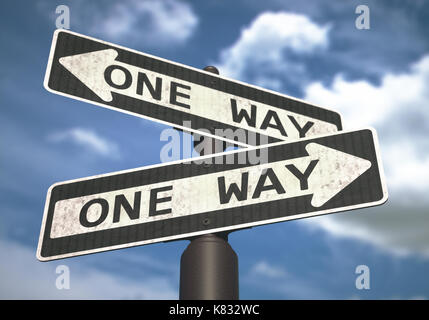 Conceptual image of one-way sign with cloud and blue sky in the background. Stock Photo