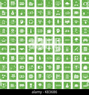 100 IT business icons set grunge green Stock Vector