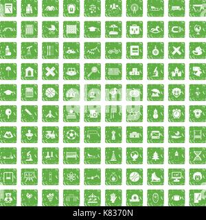 100 kids icons set grunge green Stock Vector