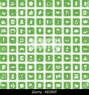 100 kitchen icons set grunge green Stock Vector