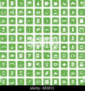 100 kitchen utensils icons set grunge green Stock Vector