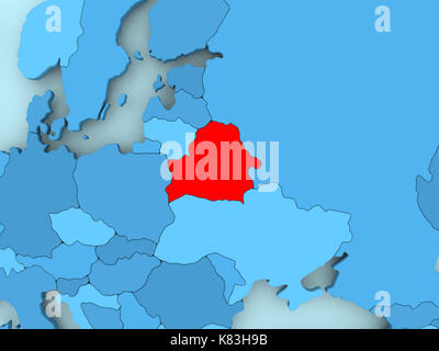 Belarus in red on blue political map. 3D illustration. Stock Photo