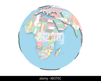 Uganda on political globe with embedded flags. 3D illustration isolated on white background. Stock Photo