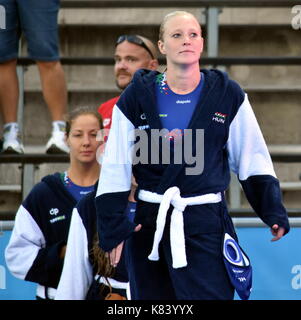 Budapest, Hungary - Jul 16, 2017. ANTAL DORA (front) and SZUCS Gabriella (back), hungarian waterpolo players. The Waterpolo European Championship was  Stock Photo