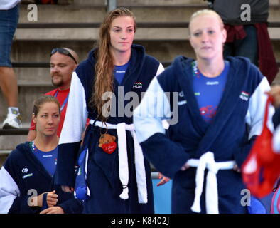 Budapest, Hungary - Jul 16, 2017. ANTAL DORA (front), GURISATTI Greta (center) and SZUCS Gabriella (back), hungarian waterpolo players. The Waterpolo  Stock Photo