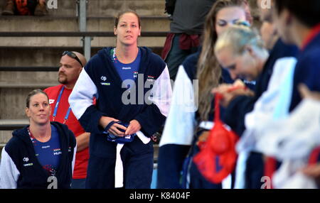 Budapest, Hungary - Jul 16, 2017. SZUCS Gabriella (front) and TAKACS Orsolya (back), hungarian waterpolo players. The Waterpolo European Championship  Stock Photo