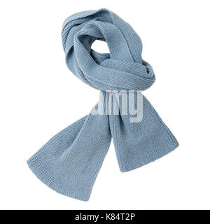 Knitted scarf of blue color on an isolated white background. Flat lay. Stock Photo
