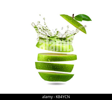 Slice green apple water splash, fruit Stock Photo