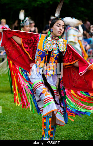 Canada First Nations Oneida/Ojibwa/Ojibway dance, young indigenous teenager dancing during a Pow Wow dancer competition in London, Ontario, Canada. Stock Photo