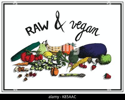 vector hand drawn illustration of a composition of colored fruits and vegetables with the hand written raw and vegan Stock Vector