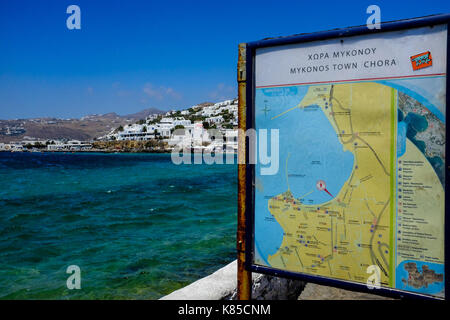 General views of Mykonos, Greece including buildings, flags and waterfront on September 56, 2017. Stock Photo