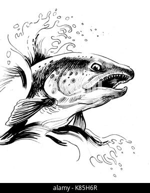 Jumping salmon fish. Ink black and white drawing Stock Photo