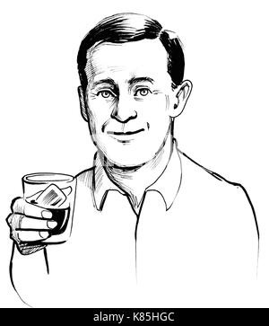 Gentleman with a glass of whiskey. Ink black and white illustration Stock Photo