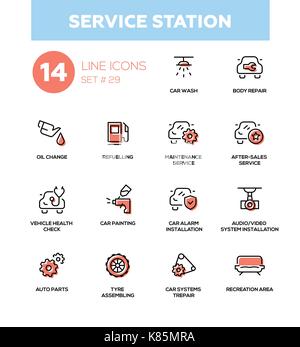 Service station - modern vector single line icons set. Car wash, body repair, oil change, refuel, maintenance, vehicle health check, painting, alarm i Stock Vector