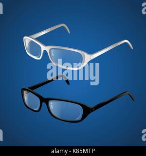 Black and white glasses - modern vector realistic isolated object illustration on gradient blue background. Use this high quality clip art for present Stock Vector