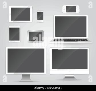 Electronic devices - modern vector objects isolated clip art on grey background. Desktop computer, laptop, notebook, mobile phones, tablets, monitors  Stock Vector