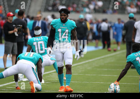 Carson, Ca. 17th Sep, 2017. Miami Dolphins wide receiver Jarvis Landry #14 during pregame walking before the NFL Miami Dolphins vs Los Angeles Chargers at Stubhub Center in Carson, Ca on September 17, 2017. (Absolute Complete Photographer & Company Credit: Jevone Moore/MarinMedia.org/Cal Sport Media (Network Television please contact your Sales Representative for Television usage. Credit: csm/Alamy Live News Stock Photo