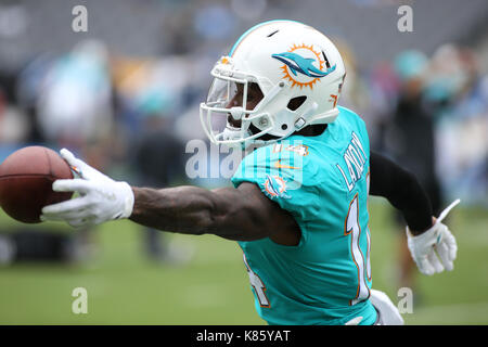 Carson, Ca. 17th Sep, 2017. Miami Dolphins wide receiver Jarvis Landry #14 snatching a pass one handed before NFL Miami Dolphins vs Los Angeles Chargers at Stubhub Center in Carson, Ca on September 17, 2017. (Absolute Complete Photographer & Company Credit: Jevone Moore/MarinMedia.org/Cal Sport Media (Network Television please contact your Sales Representative for Television usage. Credit: csm/Alamy Live News Stock Photo