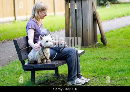 Summers Road, Godalming. 18th September 2017. UK Weather. Cloud cover began to clear this morning over the Home Counties, although the northerly wind meant a distinctly Autumnal feel to the weather. A dog walker at Broadwater Lake in Godalming, Surrey. Credit: james jagger/Alamy Live News Stock Photo