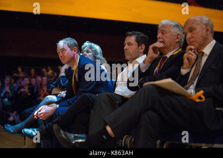Bournemouth, UK. 17th Sep, 2017. Former party leader Tim Farron listens to a keynote speech by new Deputy Leader Jo Swinson at the Liberal Democrat Autumn Conference. Credit: Mark Kerrison/Alamy Live News Stock Photo