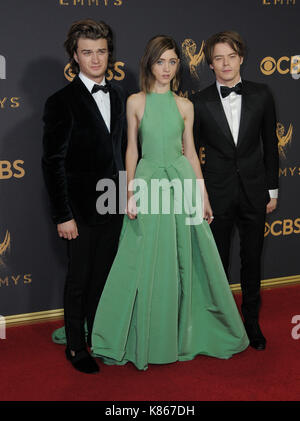 Los Angeles, CA, USA. 17th Sep, 2017. 17 September 2017 - Los Angeles, California - Joe Keery, Natalia Dyer, Charlie Heaton. 69th Annual Primetime Emmy Awards - Arrivals held at Microsoft Theater in Los Angeles. Photo Credit: Birdie Thompson/AdMedia Credit: Birdie Thompson/AdMedia/ZUMA Wire/Alamy Live News Stock Photo