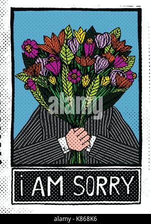 vector hand drawn vintage illustration of a man holding flowers in front of his face and saying I am sorry Stock Vector